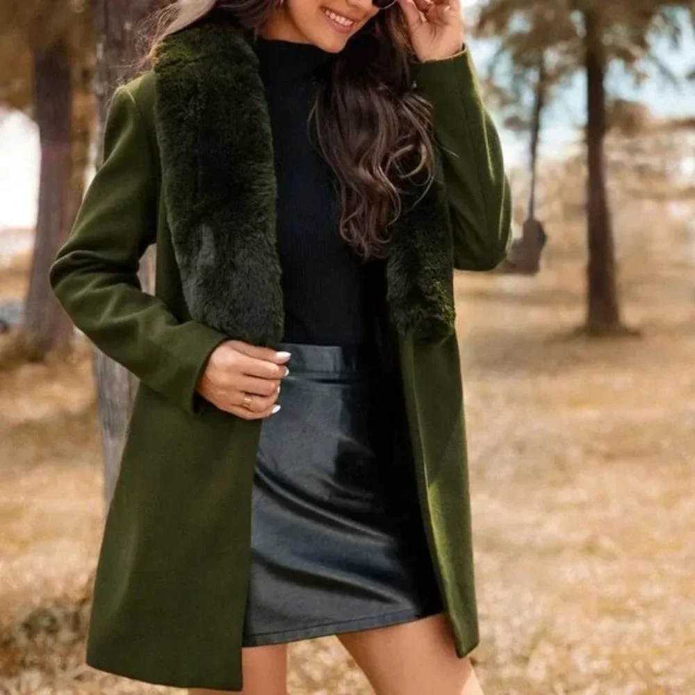 Faux fur collar Belted Overcoat Jacket Coat - Picture 2 of 6